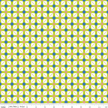 Image of the Celebrate Geo Lime quilting cotton fabric by Sue Daley for Riley Blake Designs. Features a geometric grid design with dots on a lime background
Cute Little Fabric Shop