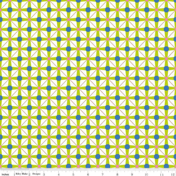 Image of the Celebrate Geo Lime quilting cotton fabric by Sue Daley for Riley Blake Designs. Features a geometric grid design with dots on a lime background
Cute Little Fabric Shop