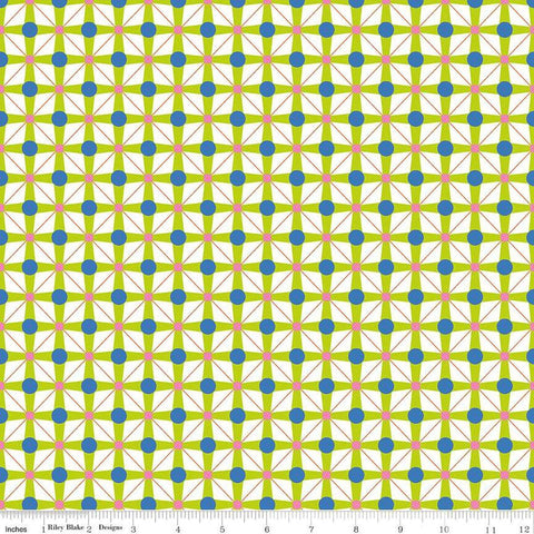 Image of the Celebrate Geo Lime quilting cotton fabric by Sue Daley for Riley Blake Designs. Features a geometric grid design with dots on a lime background
Cute Little Fabric Shop