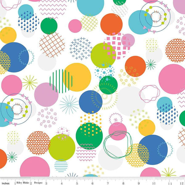 Image of the Celebrate Main Multi quilting cotton fabric by Sue Daley for Riley Blake Designs. Features colorful dots and circular geometric designs on a white background
Cute Little Fabric Shop