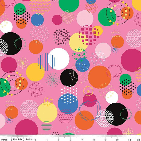 Image of the Celebrate Main Hot Pink quilting cotton fabric by Sue Daley for Riley Blake Designs. Features colorful dots and circular geometric designs on a pink background
Cute Little Fabric Shop