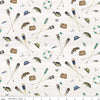 Parchment cream quilting cotton fabric featuring Riley Blake's Wake at the Lake fabric. This fabric features scattered illustrations of fish, oars, hats, and hooks. 
Cute Little Fabric Shop