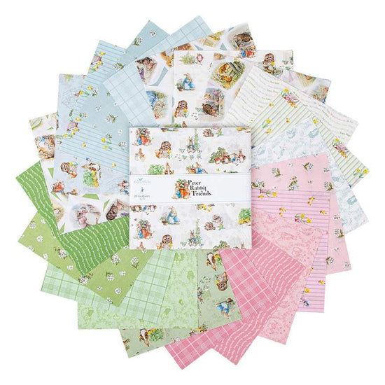 Image of the Peter Rabbit and Friends 10 Inch stacker by Beatrix Potter for Riley Blake Designs. Features animals on various backgrounds. 
Cute Little Fabric Shop