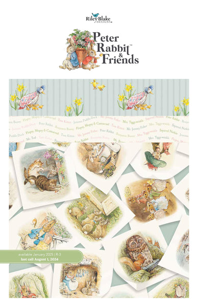 Image of the Peter Rabbit and Friends Storyboard by Beatrix Potter for Riley Blake Designs. Features animals on various backgrounds. 
Cute Little Fabric Shop