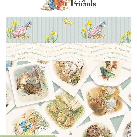 Image of the Peter Rabbit and Friends Storyboard by Beatrix Potter for Riley Blake Designs. Features animals on various backgrounds. 
Cute Little Fabric Shop