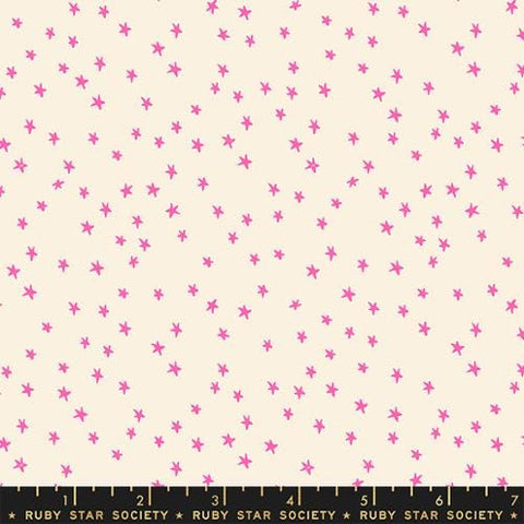 Image of the Starry Blenders Star Neon Pink quilting cotton fabric by Alexia Abegg for Moda Fabrics. Features small scattered stars on a pink background. Cute Little Fabric Shop