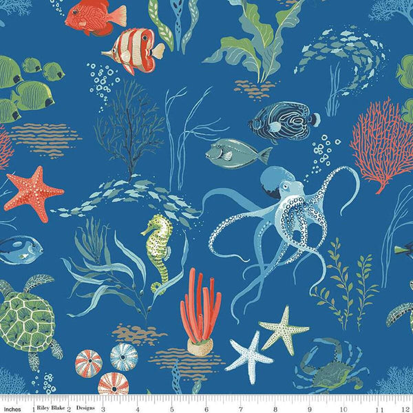 25" End of Bolt - Free as the Ocean Main C14800 Blue by Riley Blake Designs - Sea Life Ocean Plants - Quilting Cotton Fabric