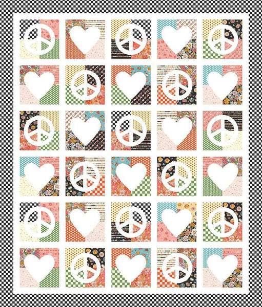 Image of the Peace and Love Quilt Pattern by Frannie B Quilting Co for Riley Blake Designs. Features peace signs and hearts on a quilt. 
Cute Little Fabric Shop