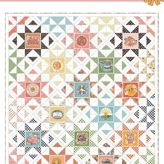 Image of the Happy Vibes quilt pattern by Frannie B Quilting Co for Riley Blake Designs. Features star blocks on a quilt. 
Cute Little Fabric Shop
