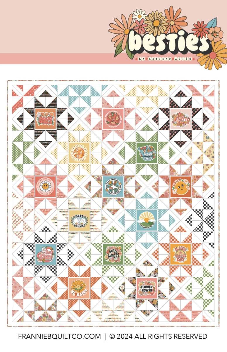 Image of the Happy Vibes quilt pattern by Frannie B Quilting Co for Riley Blake Designs. Features star blocks on a quilt. 
Cute Little Fabric Shop