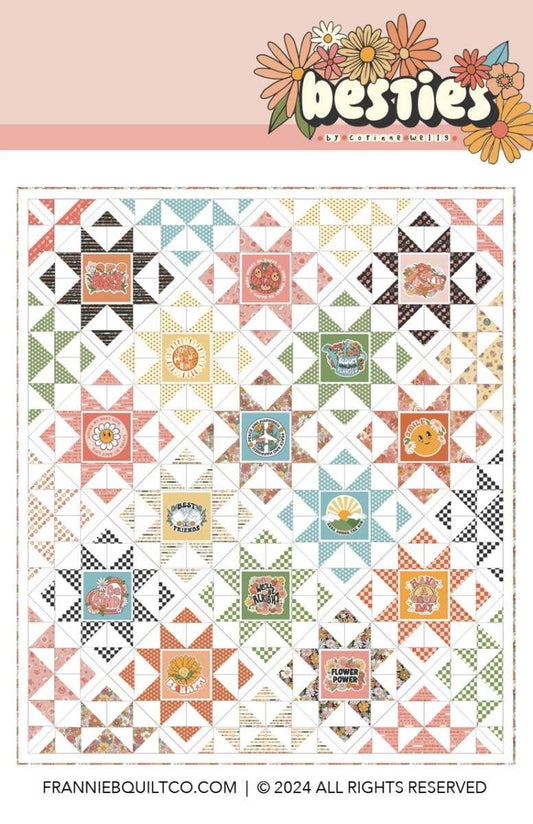 Image of the Happy Vibes quilt pattern by Frannie B Quilting Co for Riley Blake Designs. Features star blocks on a quilt. 
Cute Little Fabric Shop