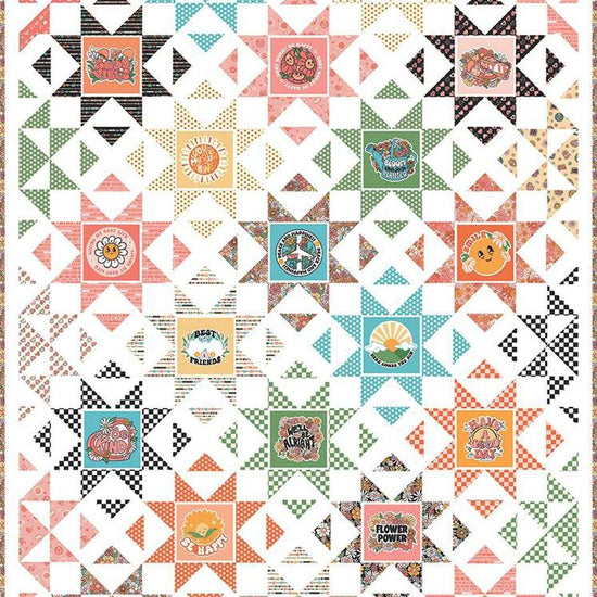 Image of the Happy Vibes quilt pattern by Frannie B Quilting Co for Riley Blake Designs. Features star blocks on a quilt. 
Cute Little Fabric Shop