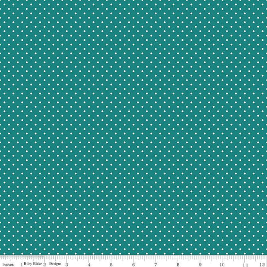 Image of the Swiss Dot Teal quilting cotton fabric by Riley Blake Designs. Features a turquoise blue fabric with small dots. 
Cute Little Fabric Shop