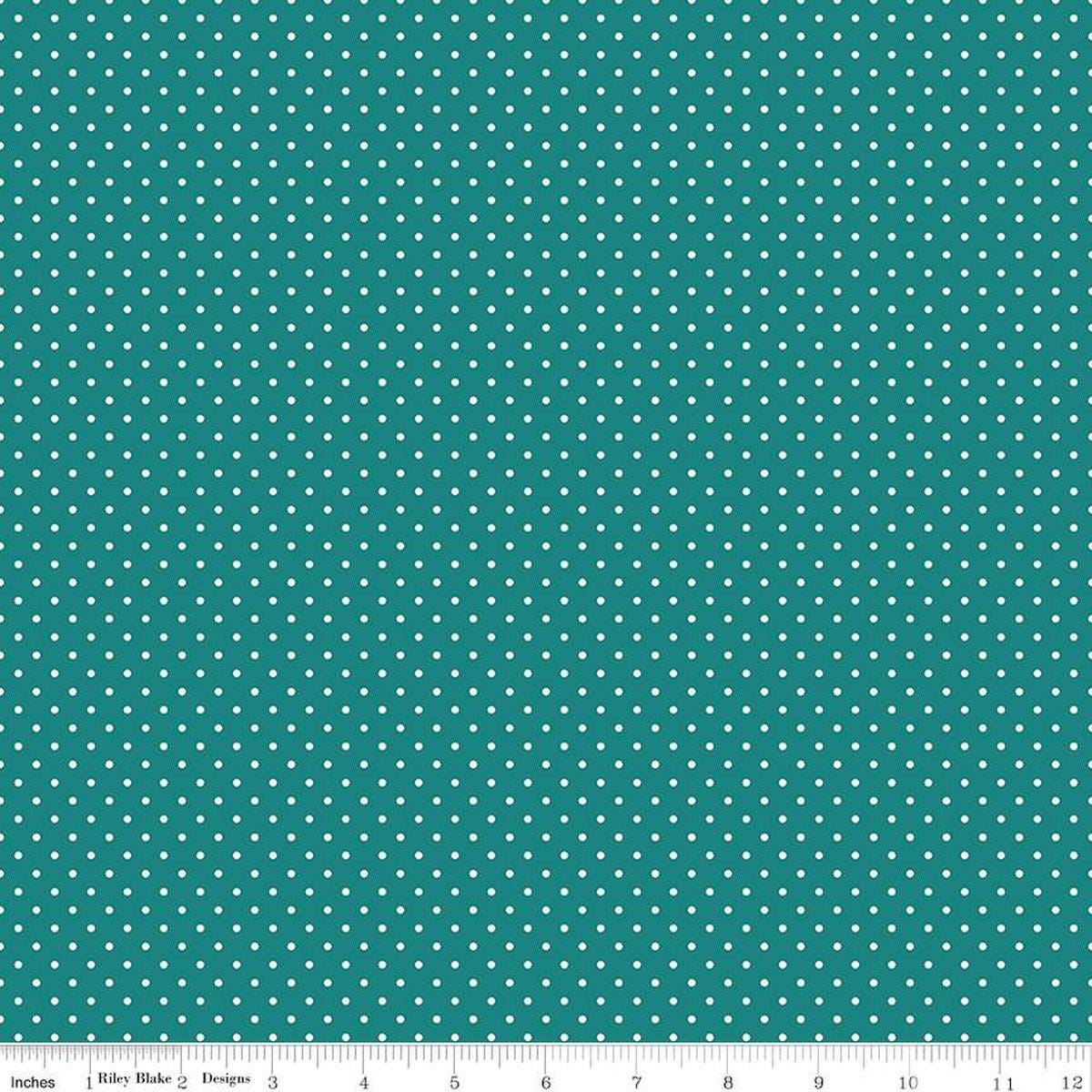 Image of the Swiss Dot Teal quilting cotton fabric by Riley Blake Designs. Features a turquoise blue fabric with small dots. 
Cute Little Fabric Shop