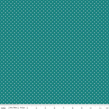 Image of the Swiss Dot Teal quilting cotton fabric by Riley Blake Designs. Features a turquoise blue fabric with small dots. 
Cute Little Fabric Shop