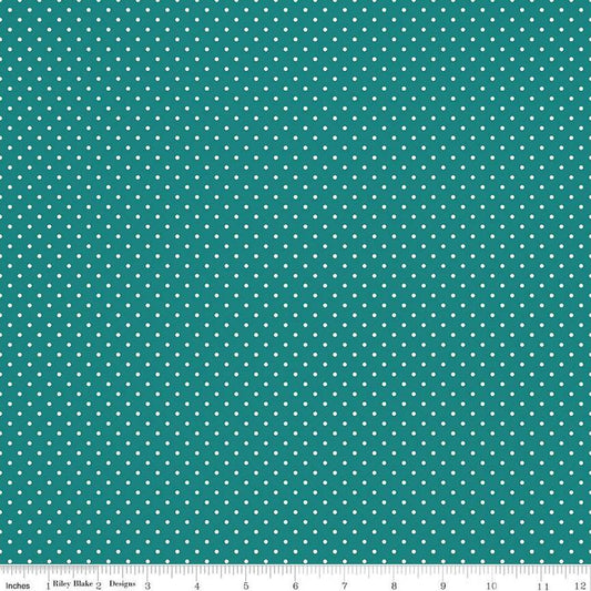 Image of the Swiss Dot Teal quilting cotton fabric by Riley Blake Designs. Features a turquoise blue fabric with small dots. 
Cute Little Fabric Shop