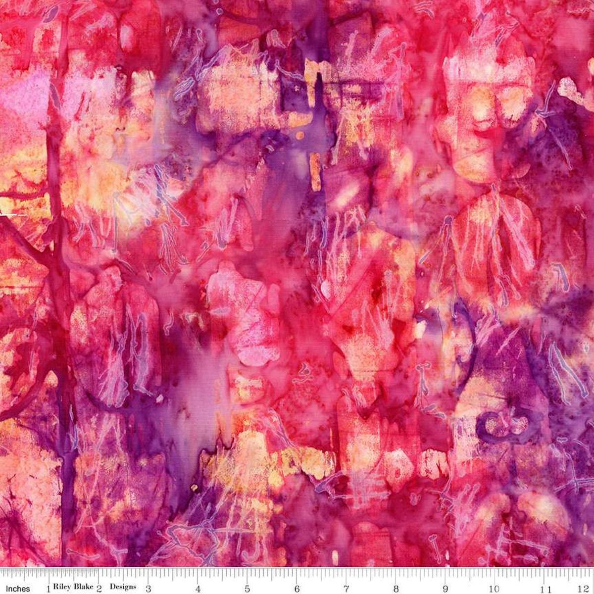 Image of the Expressions Batiks Express Yourself! Abstract Berry Persimmon quilting cotton fabric by Riley Blake Designs. Features an abstract pattern on a multicolored background. 
Cute Little Fabric Shop