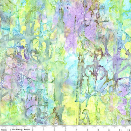 Image of the Expressions Batiks Express Yourself! Abstract Lilac Mint quilting cotton fabric by Riley Blake Designs. Features an abstract pattern on a green background. 
Cute Little Fabric Shop
