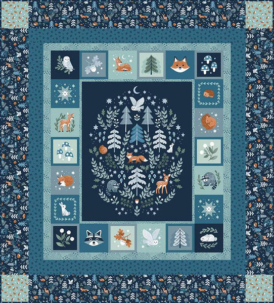 Image of the Twilight Creatures Panel Quilt Boxed Kit by Natàlia Juan Abelló for Riley Blake Designs. Features a panel with forest animals on a blue background. 
Cute Little Fabric Shop