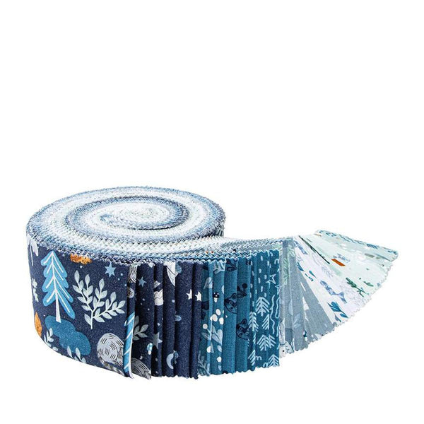 Image of the Twilight Creatures rolie polie by Natàlia Juan Abelló for Riley Blake Designs. Features animal fabrics on blue backgrounds. 
Cute Little Fabric Shop