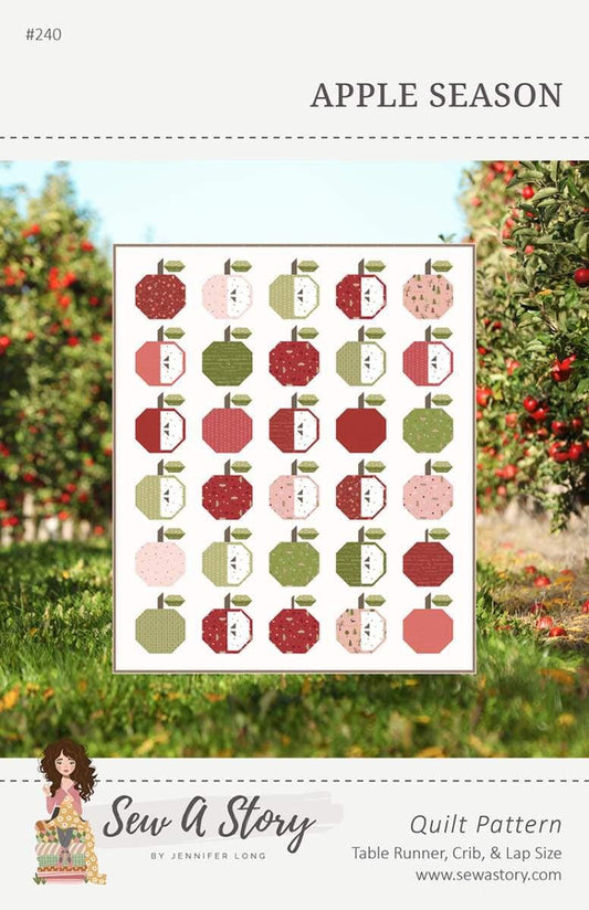 Image of the Apple Season Quilt Pattern by Jennifer Long for Riley Blake Designs. Features apples on a white background. 
Cute Little Fabric Shop
