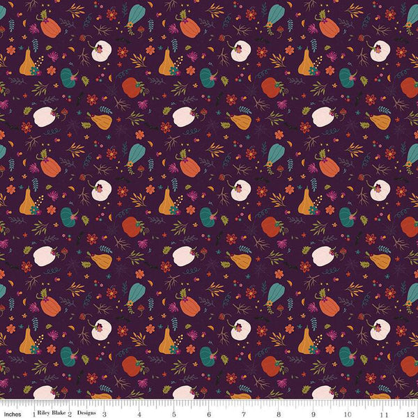 Little Witch Pumpkin Patch C14563 Purple - Riley Blake Designs - Pumpkins Leaves Flowers - Quilting Cotton Fabric