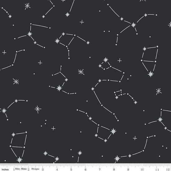 Image of the Hoist the Sails Constellation Black quilting cotton fabric by Rachel Erickson for Riley Blake Designs. Features stars on a charcoal background. 
Cute Little Fabric Shop
