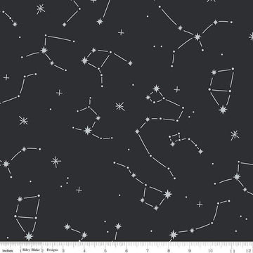Image of the Hoist the Sails Constellation Black quilting cotton fabric by Rachel Erickson for Riley Blake Designs. Features stars on a charcoal background. 
Cute Little Fabric Shop