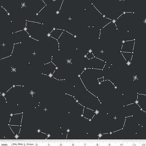 Image of the Hoist the Sails Constellation Black quilting cotton fabric by Rachel Erickson for Riley Blake Designs. Features stars on a charcoal background. 
Cute Little Fabric Shop