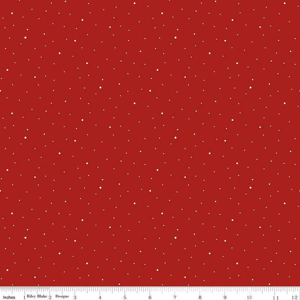 Image of the Wide Back Dapple Dot Barn Red quilting cotton fabric by Riley Blake Designs.Features white dots on a barn red background. 
Cute Little Fabric Shop