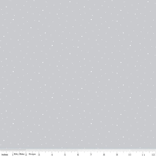 Image of the Wide Back Dapple Dot Silver quilting cotton fabric by Riley Blake Designs.Features white dots on silver background. 
Cute Little Fabric Shop