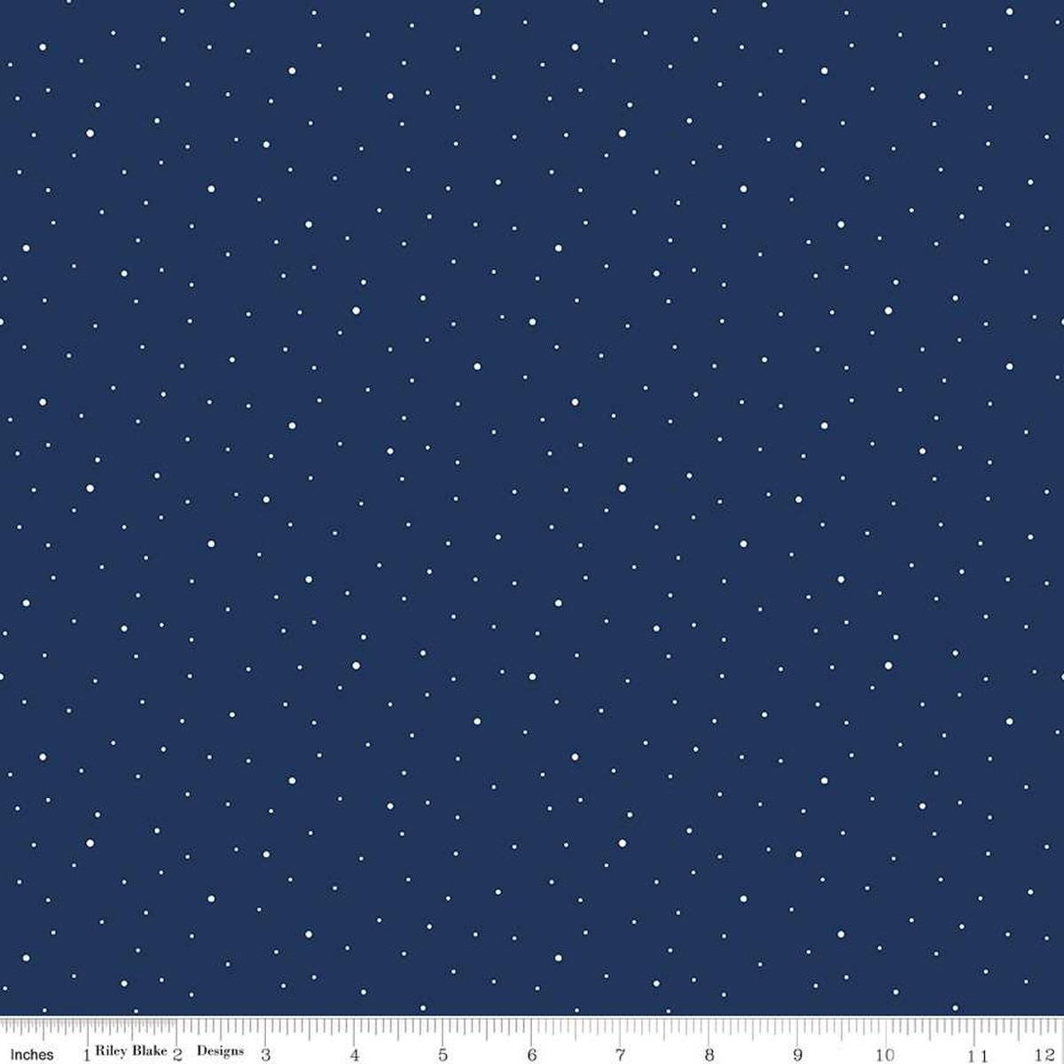 Image of the Wide Back Dapple Dot Navy quilting cotton fabric by Riley Blake Designs.Features white dots on a dark blue background. 
Cute Little Fabric Shop