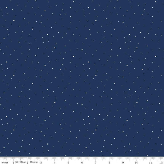 Image of the Wide Back Dapple Dot Navy quilting cotton fabric by Riley Blake Designs.Features white dots on a dark blue background. 
Cute Little Fabric Shop