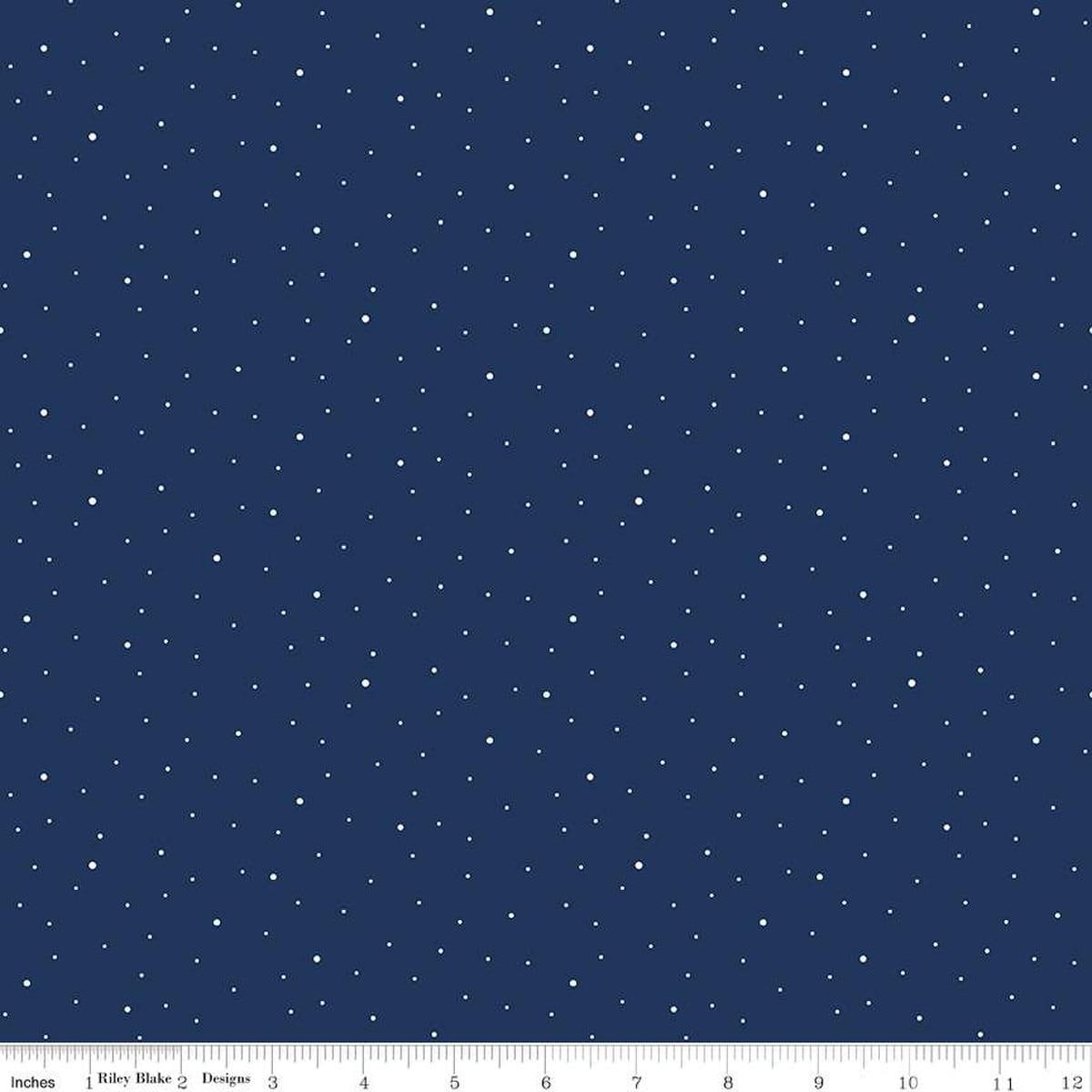 Image of the Wide Back Dapple Dot Navy quilting cotton fabric by Riley Blake Designs.Features white dots on a dark blue background. 
Cute Little Fabric Shop