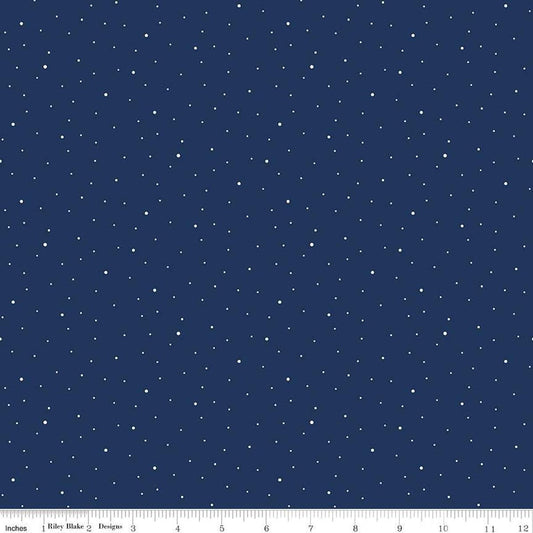 Image of the Wide Back Dapple Dot Navy quilting cotton fabric by Riley Blake Designs.Features white dots on a dark blue background. 
Cute Little Fabric Shop