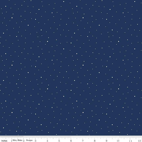 Image of the Wide Back Dapple Dot Navy quilting cotton fabric by Riley Blake Designs.Features white dots on a dark blue background. 
Cute Little Fabric Shop