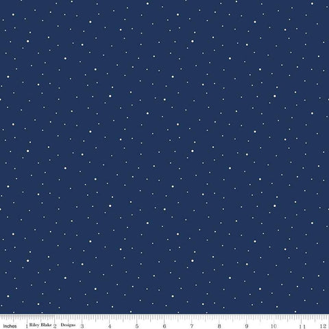 Image of the Wide Back Dapple Dot Navy quilting cotton fabric by Riley Blake Designs.Features white dots on a dark blue background. 
Cute Little Fabric Shop