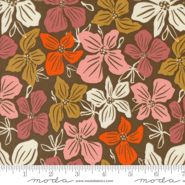 Image of the Things Above Petals Cocoa quilting cotton fabric by Fancy That Design House for Moda Fabrics. Features flowers on a brown background. Cute Little Fabric Shop