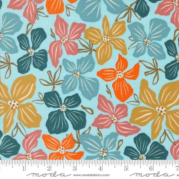 Image of the Things Above Petals Waterfall quilting cotton fabric by Fancy That Design House for Moda Fabrics. Features flowers on a blue background. Cute Little Fabric Shop