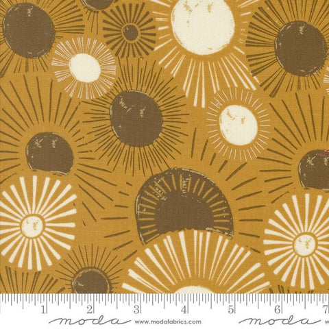 Image of the Things Above Sunrise Harvest Gold quilting cotton fabric by Fancy That Design House for Moda Fabrics. Features flowers on a yellow background. Cute Little Fabric Shop