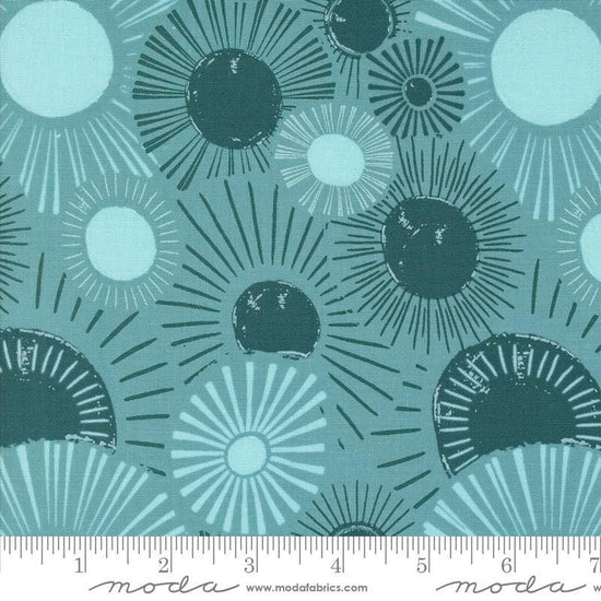 Image of the Things Above Sunrise Paved Teal quilting cotton fabric by Fancy That Design House for Moda Fabrics. Features flowers on a teal background. Cute Little Fabric Shop