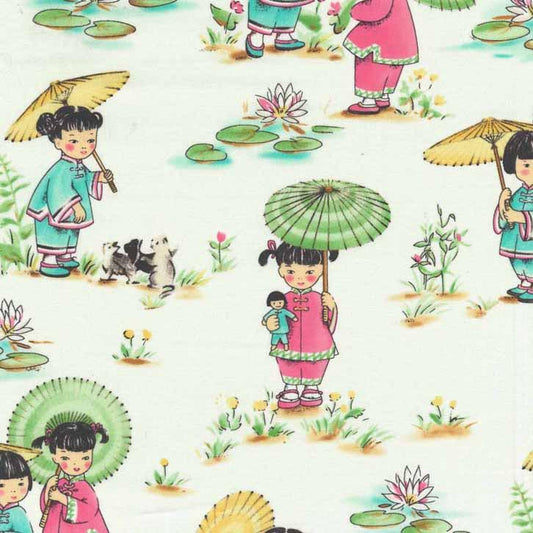 Image of the China Doll fabric by Michael Miller. Features children holding dolls on a cream background. 
Cute Little Fabric Shop