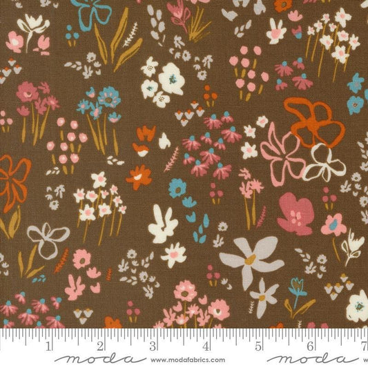 Image of the Things Above Seeds Cocoa quilting cotton fabric by Fancy That Design House for Moda Fabrics. Features flowers on a brown background. Cute Little Fabric Shop