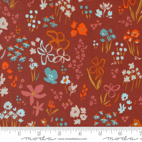 Image of the Things Above Seeds Paved Brick quilting cotton fabric by Fancy That Design House for Moda Fabrics. Features flowers on a red background. Cute Little Fabric Shop