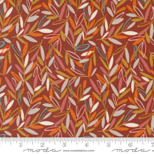 Image of the Things Above Leafscape Paved Brick quilting cotton fabric by Fancy That Design House for Moda Fabrics. Features leaves on a red background. Cute Little Fabric Shop