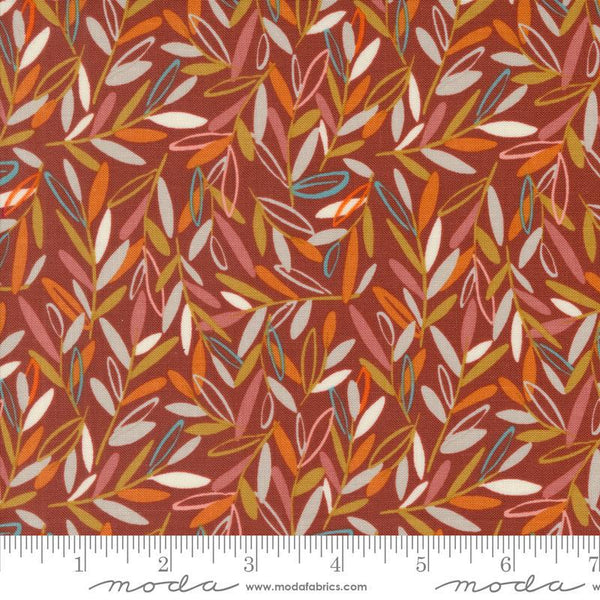 Image of the Things Above Leafscape Paved Brick quilting cotton fabric by Fancy That Design House for Moda Fabrics. Features leaves on a red background. Cute Little Fabric Shop