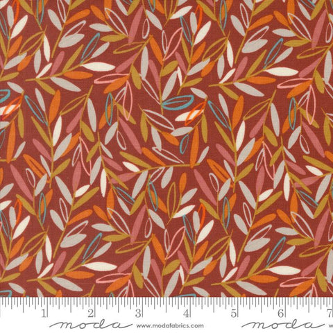 Image of the Things Above Leafscape Paved Brick quilting cotton fabric by Fancy That Design House for Moda Fabrics. Features leaves on a red background. Cute Little Fabric Shop