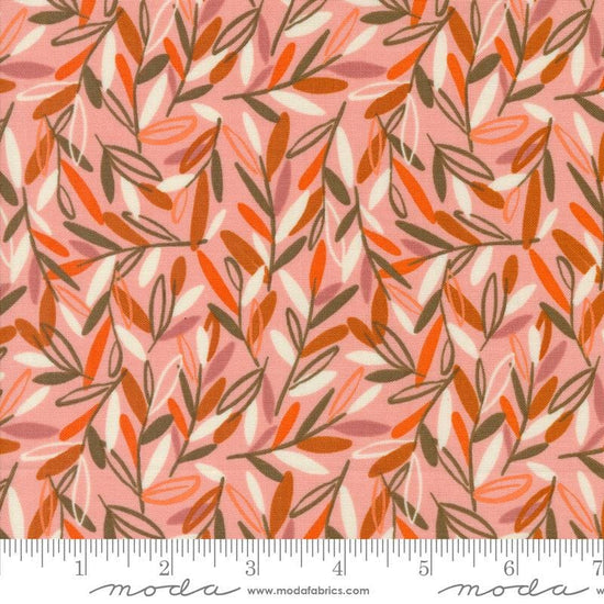 Image of the Things Above Leafscape Cameo quilting cotton fabric by Fancy That Design House for Moda Fabrics. Features leaves on an orange background. Cute Little Fabric Shop