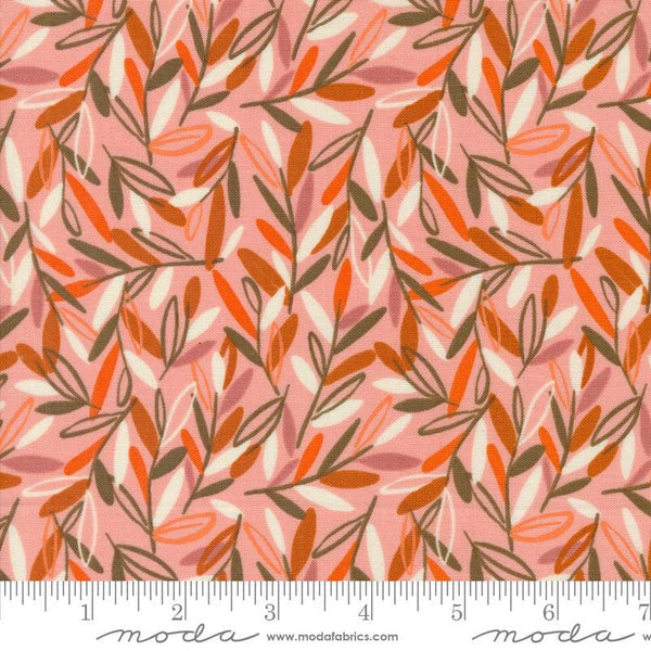Image of the Things Above Leafscape Cameo quilting cotton fabric by Fancy That Design House for Moda Fabrics. Features leaves on an orange background. Cute Little Fabric Shop