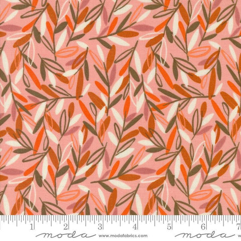 Image of the Things Above Leafscape Cameo quilting cotton fabric by Fancy That Design House for Moda Fabrics. Features leaves on an orange background. Cute Little Fabric Shop